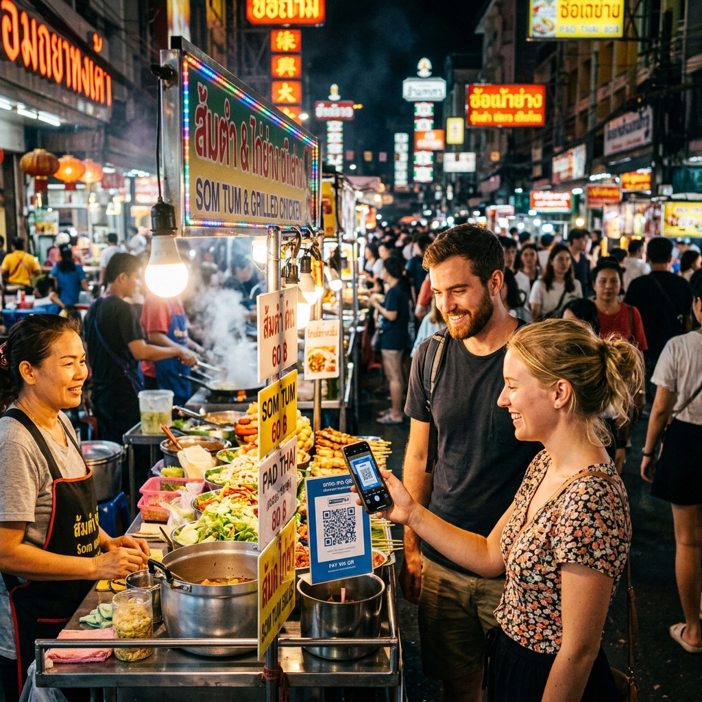 A Western tourist scanning a PromptPay QR code at a Thai night market